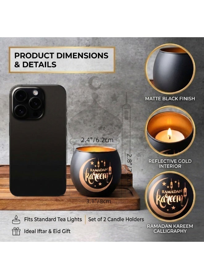 طقم حامل شموع زجاجي من قطعتين بتصميم "رمضان كريم" - أسود وذهبي بنقش هلال ونجوم - ديكور طاولة مثالي لشهر رمضان والعيد - Image 2